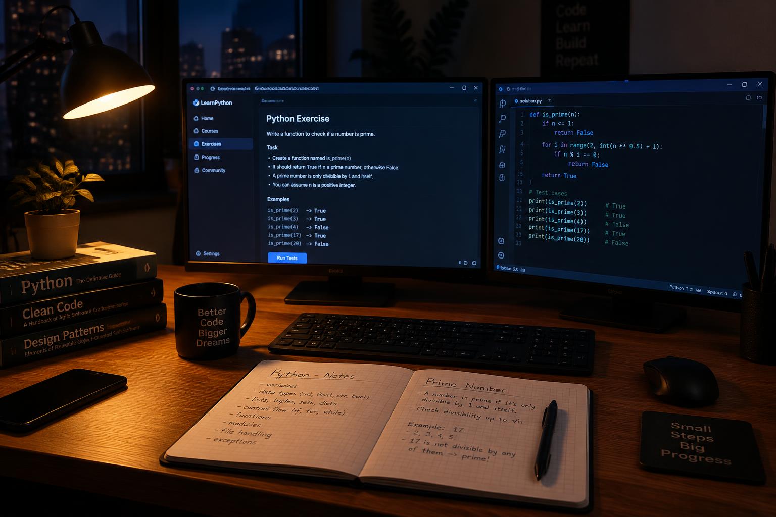 A learning workspace with code exercises on screen